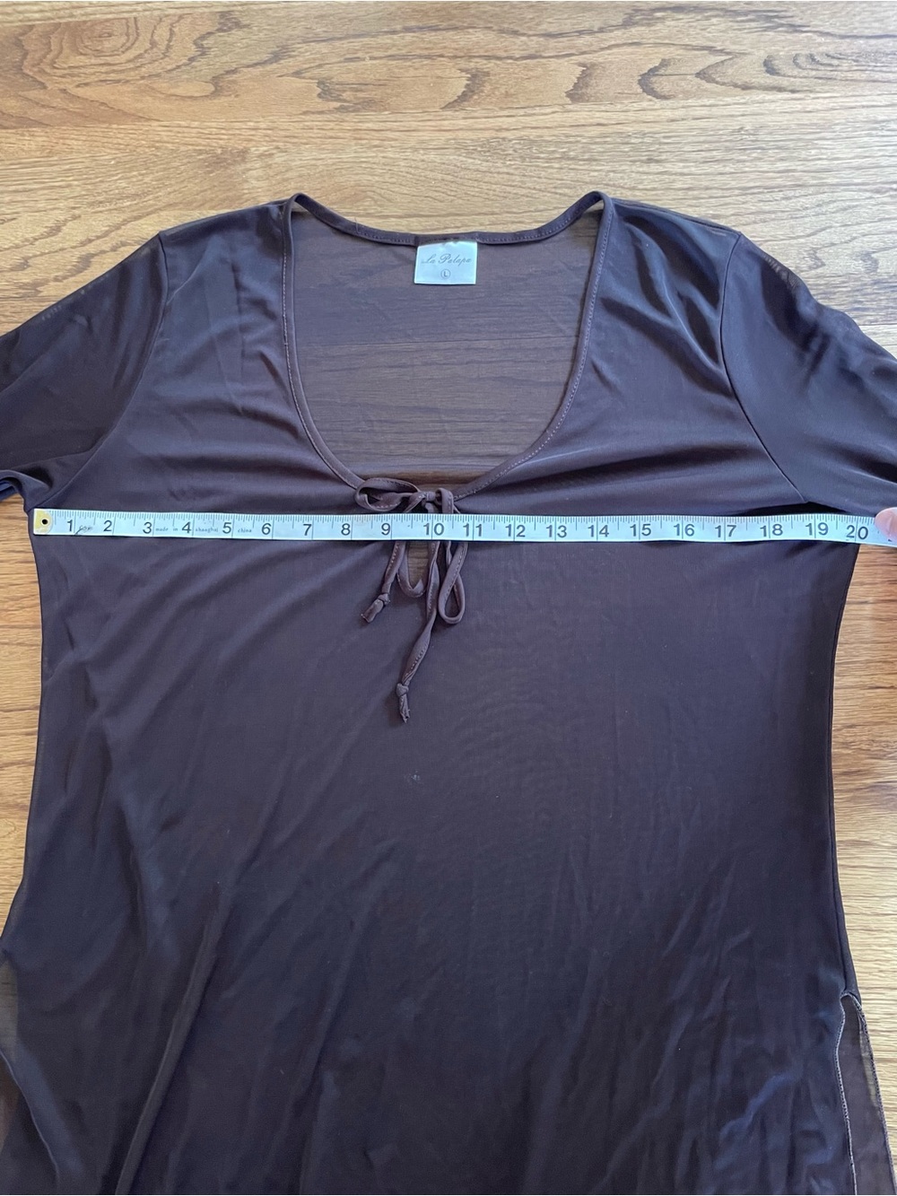 Vintage 90s Y2K Chocolate Brown Sheer Mesh Tie-Neck Long-Sleeve Top Sz L - Picture 7 of 10